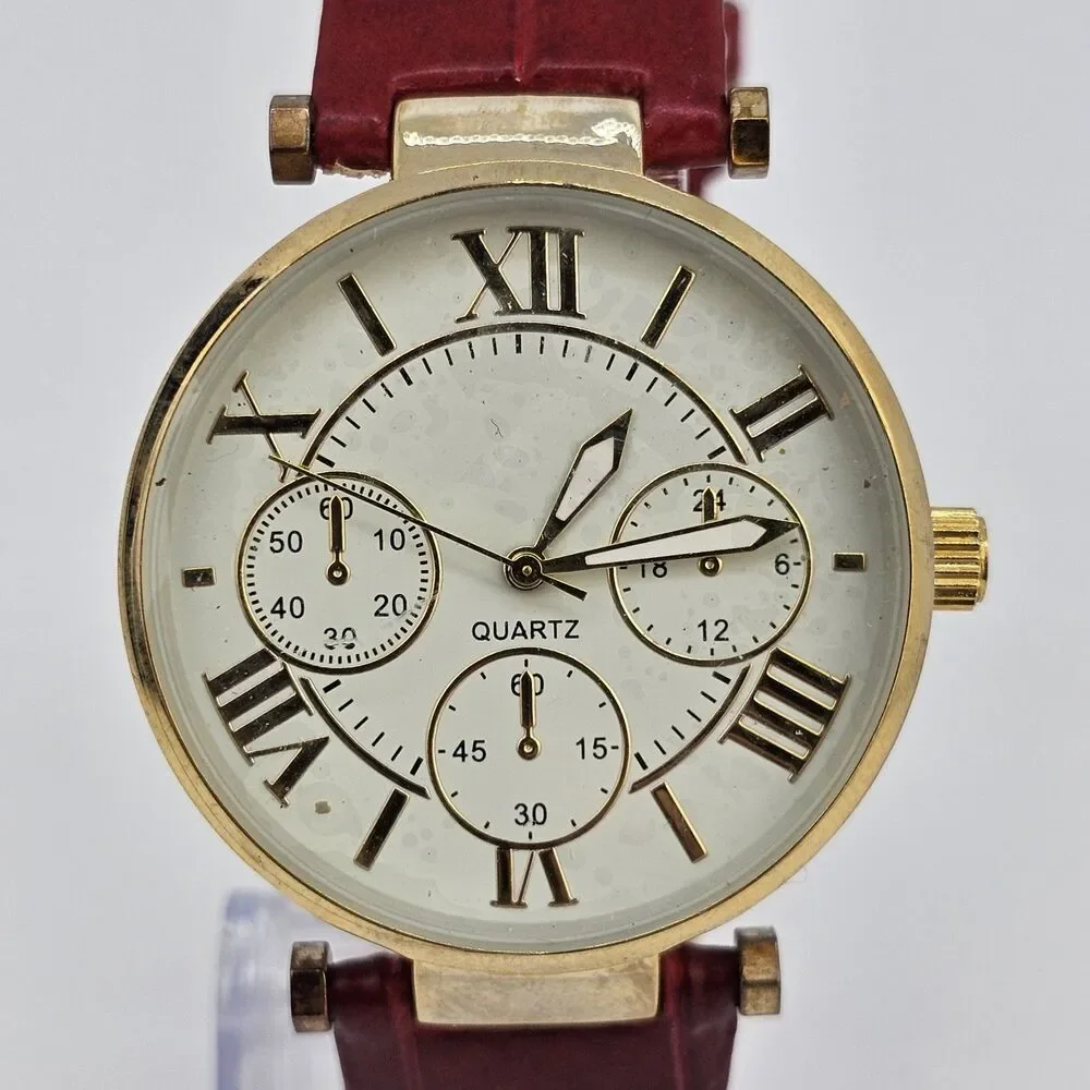 Women's Watch 38MM Cream Dial Roman‎ Numerals Red Faux Leather Bands New Battery